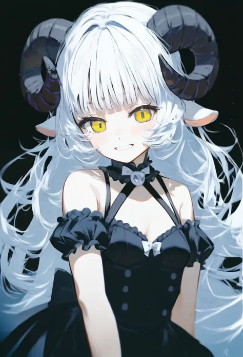 (score_9, score_8_up, score_7_up), 1girl, solo, (sheep horns, curled horns, black horns), sheep ears, white hair, long hair, him...