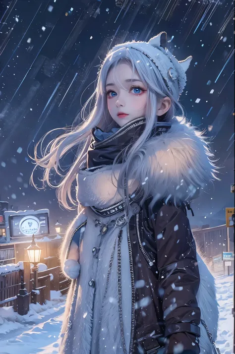 (masterpiece, best quality),
It&#39;s snowing.
Composition of a woman standing under the snowy night sky. Her face is very important.
her eyes are bright green，Hair is light blue and white, Long and fluffy.
She is wearing a down jacket and gloves.