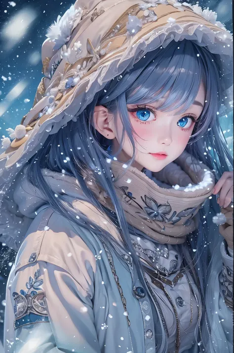 (masterpiece, best quality),
It&#39;s snowing.
Composition of a woman standing under the snowy night sky. Her face is very important.
her eyes are bright green，Hair is light blue and white, Long and fluffy.
She is wearing a down jacket and gloves.