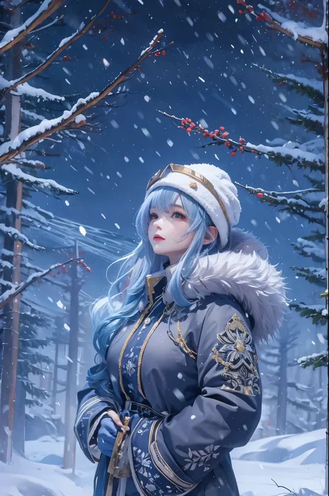 (masterpiece, best quality),
It&#39;s snowing.
Composition of a woman standing under the snowy night sky. Her face is very important.
her eyes are bright green，Hair is light blue and white, Long and fluffy.
She is wearing a down jacket and gloves.