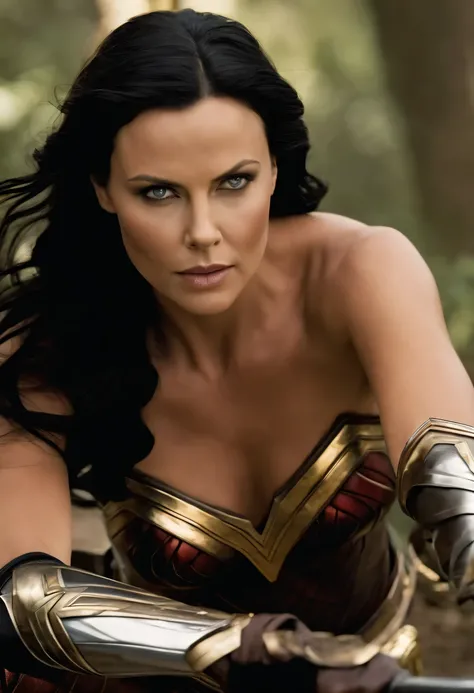 Charlize Theron under the mantle of the Amazon warrior Wonder Woman long black hair realistic image and in high definition HD current Wonder Woman costume