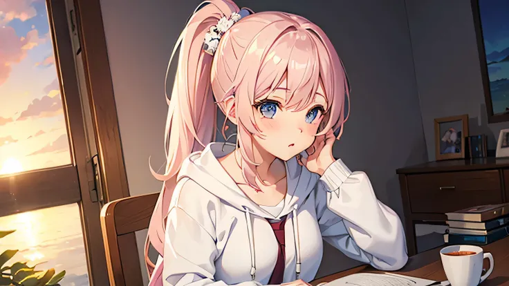 One beautiful girl　Sunset Japanese anime style　ponytail　Blushing White Hoodie　sitting on a chair studying