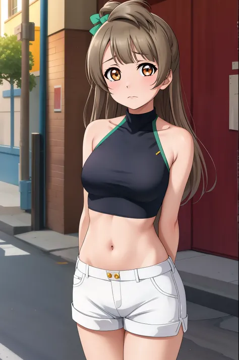 masterpiece,solo focus, looking at viewer, before crying,minami kotori, cowboy shot,white shorts, crop top, halter neck, arms be...