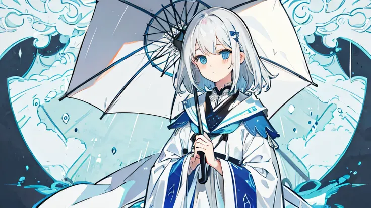 girl,Silver Hair,rainy season,Blue Eyes,Hair is shoulder length，umbrella