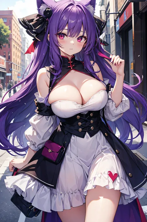 Fox Girl, Big Breasts, Voluminous purple hair, masterpiece , Red eyes、Double teeth、tooth、Blushed cheeks、 hd, from head to chest, buried in my chest、Underbust, 、Cleavage、backstyle