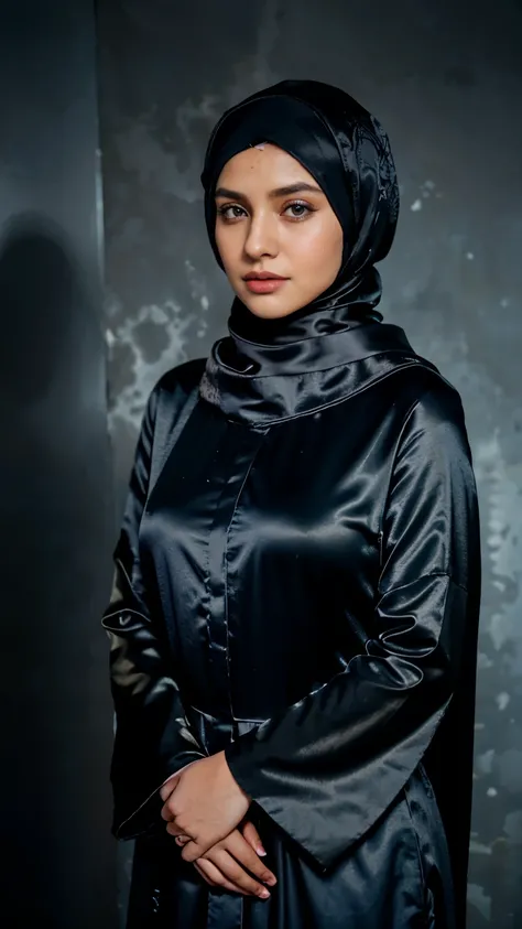 RAW photo of a 24 year old girl wearing hijab, satin abaya sexy sea foam   , satin, hijab face portrait,((tp background)), 8k uhd, dslr, soft lighting, high quality, film grain, Fujifilm XT3, covered dress, patterned dress, gigantic breasts:1.5