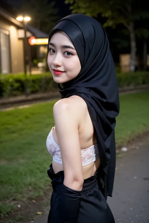 (Happy smile), (((HIJAB MALAY GIRL))), masutepiece, High quality, UHD 32K, Realistic face, Realistic skin feeling , A Japanese Lady, 8 years old, , Very cute and baby-like face, (((FLAT CHEST))), (Night time at forest), ((look In front  at the camera and S...