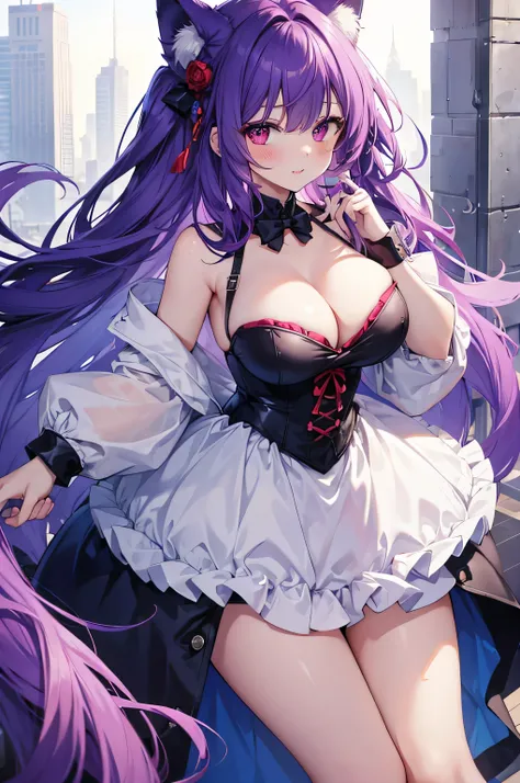 Fox Girl, Big Breasts, Voluminous purple hair, masterpiece , Red eyes、Double teeth、tooth、Blushed cheeks、 hd, from head to chest, buried in my chest、Underbust、Cleavage、Bunny Suit