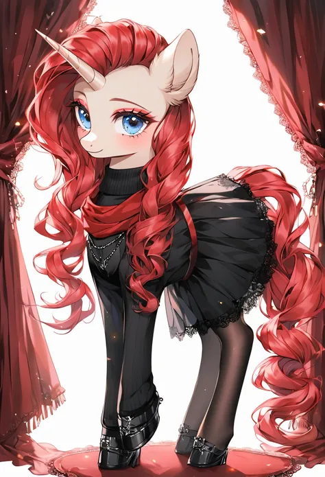 score_9, (unicorn pony, beige fur, long crimson hair, makeup, blue eyes), (black turtleneck, black tights, black skirt, red scar...