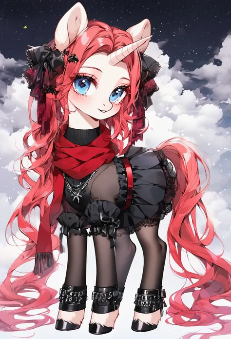 score_9, (unicorn pony, beige fur, long crimson hair, makeup, blue eyes), (black turtleneck, black tights, black skirt, red scarf), full body, (beautiful, detailed hair and fur),