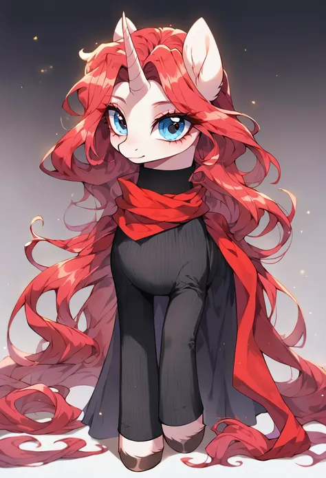 score_9, (unicorn pony, beige fur, long crimson hair, makeup, blue eyes), (black turtleneck, black tights, black skirt, red scarf), full body, (beautiful, detailed hair and fur),