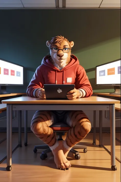 (((Barefoot furry character, full body, cinematic setting, furry male, plantigrade))) 

computer class scene with a tech-savvy otter ((teacher)) wearing a hoodie and glasses, sitting at a computer desk surrounded by monitors and circuit boards. This otter ...