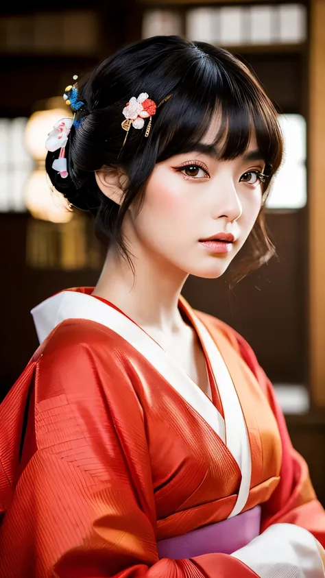 (Beautiful geisha in red kimono holding a rifle傑作:1.3), (8k, Realistic, RAW Photos, highest quality: 1.4), (One girl), Beautiful Face, (Realistic Face), (Black Hair, short hair:1.3), Beautiful hairstyle, Realistic eyes, Beautiful fine details, (Realistic S...