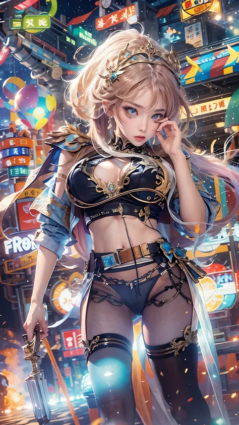 carnival festival,Seven-hit shooting, night, light, Electronic Data Center, carnival, high resolution, lens flare, lead, masterpiece, Movie Lighting, Perfect skin, Long colorful hair, tune, Camel toe, Breast Focus, Leg focus