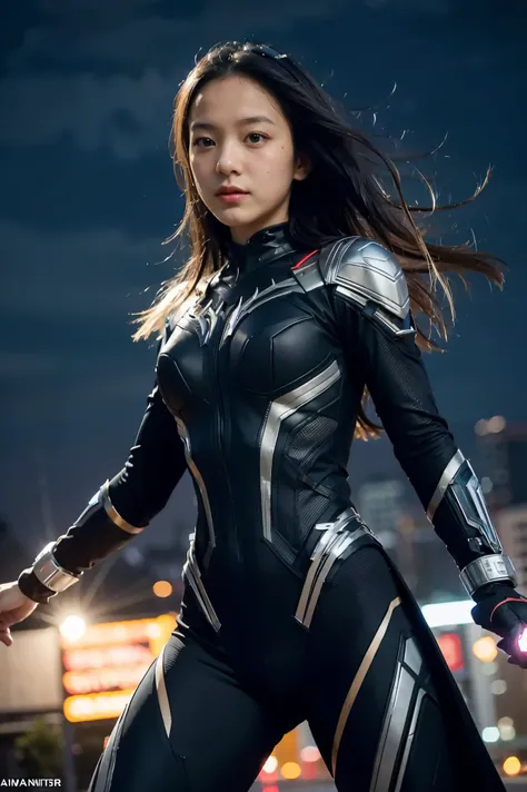 (best quality,highres:1.2), realistic, vibrant colors, detailed face and expression, fierce gaze, powerful stance, , glowing vibranium claws, night scene, strong lighting, superhero, action-packed, dynamic pose, 1 girl, Black panther suit,