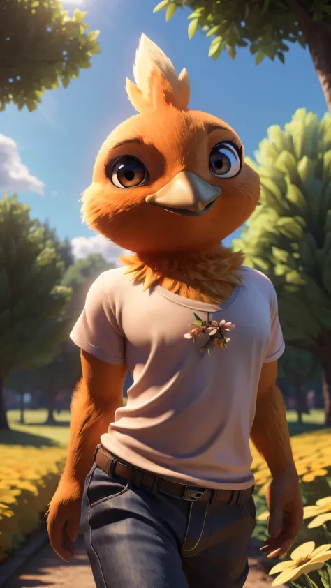 male , bird, torchic, background, (cinematic lighting:1.1), (perfect focus:1.1), 8k hd, (detailed eyes:1.2),depth of field, bokeh, subsurface scattering, perfect breasts, wide ,((Gamer shirt and pants  )),bright colors, (furry detail:1.3),detailed backgrou...