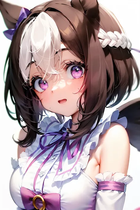 special_week_(Umamusume)、bow ribbon、bow ribbon、bow ribbon、corsets、Fluffy breasts、nursing、toppless、teats、The upper part of the body、(Refers to the viewer:1.3)、Happiness、(White background:1.5)、(front-facing view:1.3)