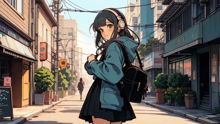 Anime girl walking down the street wearing a skirt and headphones, Lofty Girl, Retro Anime Girls, Anime atmosphere, Lofi Artstyle, Anime Aesthetics, Lofi Art, Lo-fi feeling, Anime Style illustration, Portrait of Rofi, Anime Style 4 k, Lofty Girl aesthetic,...