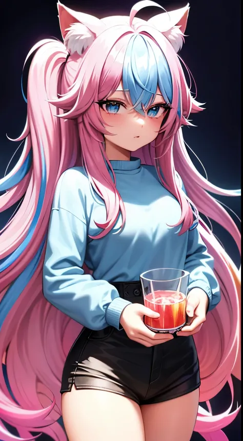 cowboy shot, masterpiece,Splash color, soft lighting,(cocktail glass), 1girl, solo, cat ears, multicolored hair, ((gradient hair), white+(blue)+(pink:0.5) hair//), very long hair, messy hair, bangs, ahoge, ((gradient eyes), pink+light_blue eyes//), slit pu...