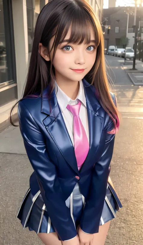Angelic Very beautiful cute young girl, Beautiful detailed eyes, Detailed double eyelids, (Large eyes:1.3), Long straight brown hair, see-through bangs, beautiful detailed face and eyes, small straight nose,(14 yo:1.3),
smiling, BREAK (super shiny metallic...