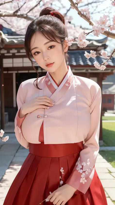 (best quality, 8K, masterpiece: 1.3), ((((((Incredibly huge breasts: 0.8))))), single ponytail, (beautiful face:1.3), Cherry blossoms are in full bloom, full of cherry blossoms, floating cherry blossom petals, very cool, authentic hanbok, Red skirt