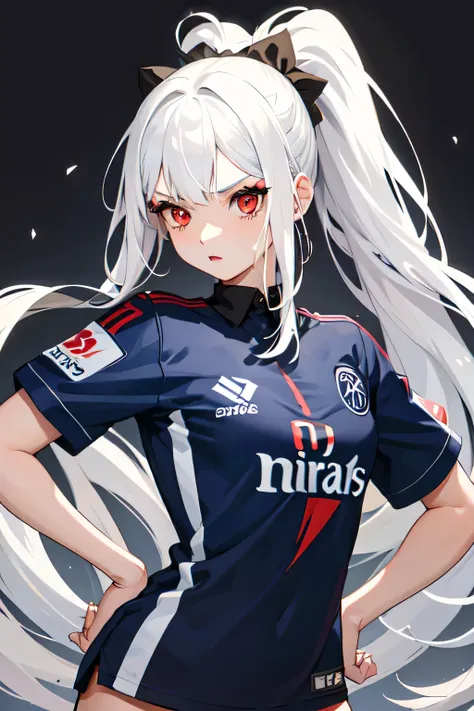 1girl,20y.o,PSG Football Jersey,white hair,long hair,ponytail hairstyle,red eyes,medium tits size