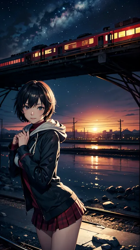 High quality, masterpiece, 1 girl, smile, (wearing miniskirt: 1.2), long hooded coat with trim, landscape, train passing through a body of water on the tracks, sparkling starry sky. Romantic Train, PIXIV, concept art, Lopfe art style, Lopfe art, exquisite ...