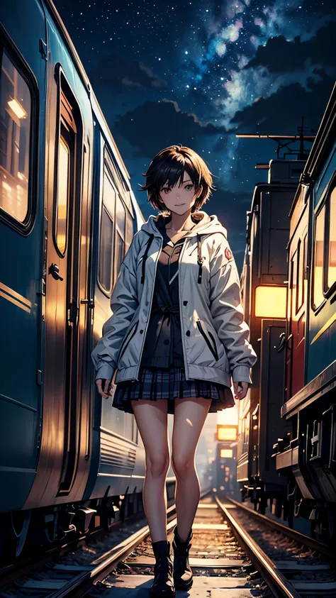 High quality, masterpiece, 1 girl, smile, (wearing miniskirt: 1.2), long hooded coat with trim, landscape, train passing through a body of water on the tracks, sparkling starry sky. Romantic Train, PIXIV, concept art, Lopfe art style, Lopfe art, exquisite ...