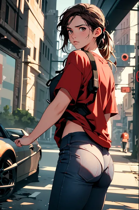 NSFW, Masterpiece 1.4 Top Image 4K Ellie The Last Of Us Brown Hair Red Shirt Dark Blue Pants Rendering In An Apocalyptic City Showing Panties Ultra Realistic 4K Wallpaper