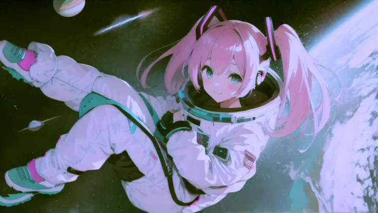 Pink-haired Hatsune Miku-like girl in a space-like place　The clothes are space suits　Japanese anime style