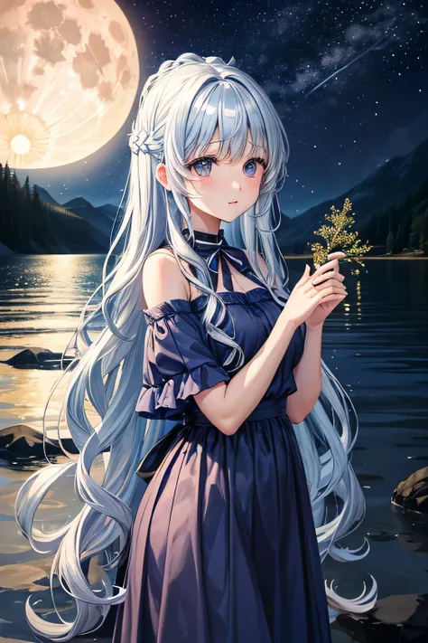 Big Moon、lake、night、star、An angel sitting on a stone on the lake、long wavy hair、A small flowering tree in the lake、The whole thing shines light blue in the moonlight.、Corolla on the head