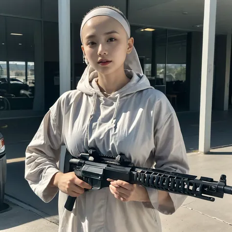 A beautiful nun、Lingerie except for the hood、Cowboy Shot、Big Breasts、(Skinhead:1.5)、(Aiming an assault rifle at the viewer:1.67)