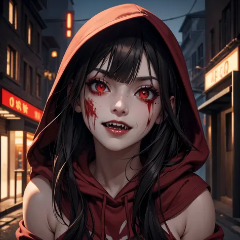 a girl, big eyes, bright eyes, red pupils, black hair with red tips, short messy hair with long sides, medium breasts, wearing a black hooded sweatshirt, hood over her head, on a dark street, Leaning against the wall, Looking to the viewer, devilish smile ...