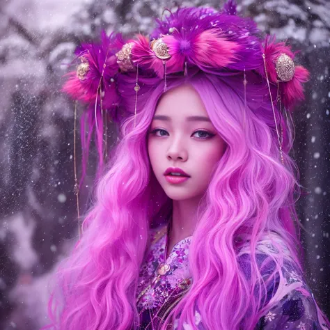 Snow hoop exclusion area 32K（tmasterpiece，k hd，hyper HD，32K）Long flowing purple-pink hair，Autumn Pond，zydink， a color， Tongzhou people （Girl with glowing eyes）， （Thin silk scarf）， Combat posture， looking at the ground， long purple-pink hair， Floating hair，...