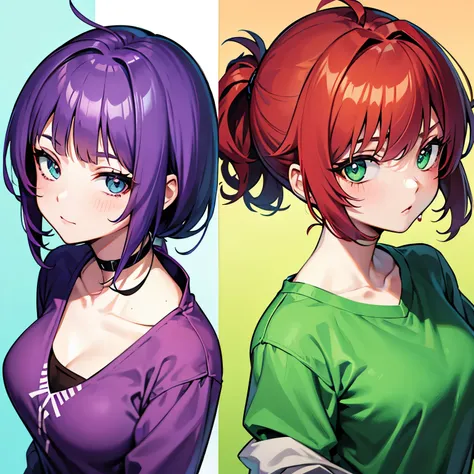 Redhead anime girl with ponytail hair cut, green eyes and a purple shirt