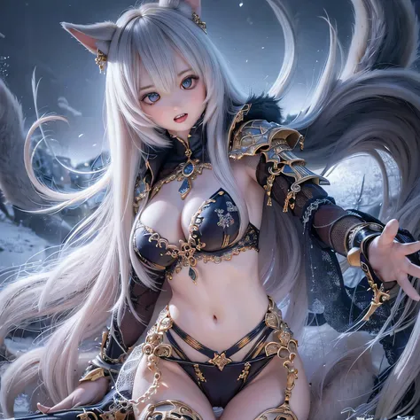 (best quality, highres, realistic:1.37),ultra-detailed, beautiful detailed eyes,beautiful detailed lips,extremely detailed eyes and face,longeyelashes,1girl,portrait,sharp focus,vivid colors,soft lighting,Fenrir girls,big breasts,fantasy elements,snowy lan...