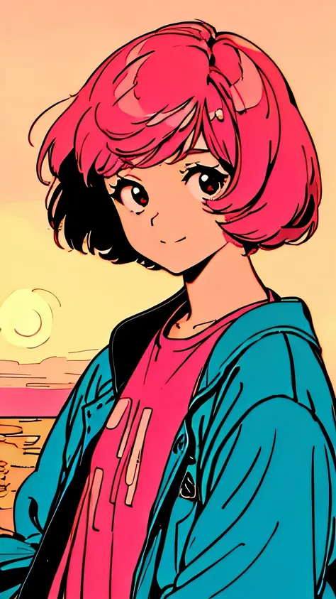 master piece, City Pop style, Pink Hair, fluffy bob cut, shoulder length, alone, wearing headphones, Futuristic yet lofi, retro, vintage, Ghost, light smile, sunset beach (( wide shot))