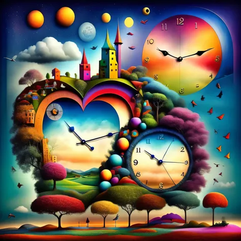 (colorfulSurrealism)++, (Surrealism), clock、heart