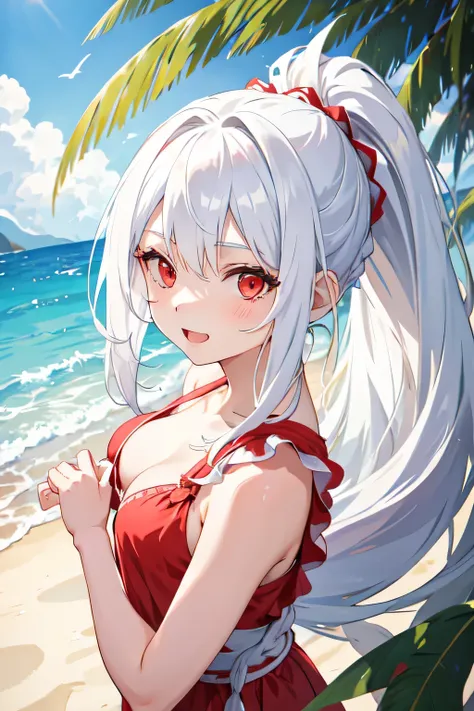 1girl,20y.o,using beach wear,white hair,long hair,ponytail hairstyle,red eyes,beach background, happy expression
