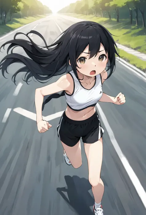 masterpiece, highest quality, High resolution, Will attack, Long Hair, Black Hair, Medium chest, Exposing shoulders, Sportswear, Play sports often, Crop top, White shirt, abdomen, Black Bloomers, Black panties, Thighs, (running:1.2), road, Sweat, Open your...