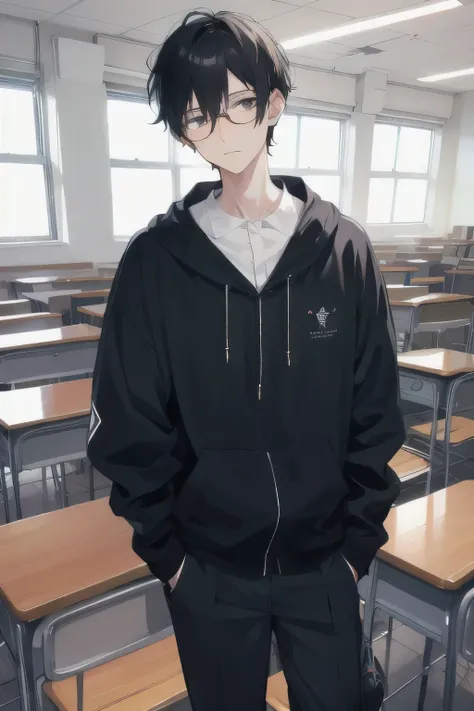 black hair, glasses, earphone, alone, classroom, boy, introvert