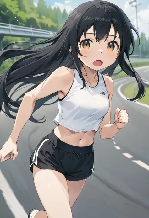 masterpiece, highest quality, High resolution, Will attack, Long Hair, Black Hair, Medium chest, Exposing shoulders, Sportswear, Play sports often, Crop top, White shirt, abdomen, Black Bloomers, Black panties, Thighs, (running:1.2), road, Sweat, Open your...