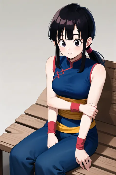 masterpiece, highest quality, High resolution, Dragon Ball, Pochichi, (Low Ponytail:1.1), iris, chinese garment, Blue clothes, Sleeveless, Wristband, sash, Sitting, bench, smile, White Background,View your viewers,Shyness,Looking up