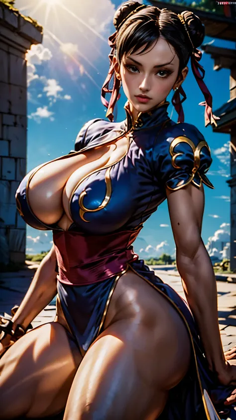 Nico Robin wearing Chun Lis classic outfit,Masterpiece, one piece, Nico Robin, Sun Glasses in upper head, best quality, ultra detailed, 8k, !( beautiful Nico Robin wearing Chun lis classic outfit, perfect body, big thighs )