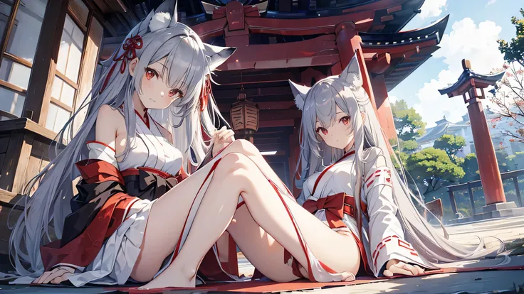 anime shoujo，Gray Hair，Red eyes，uniform, Thin legs,Completely naked、fox、shrine maiden costume、shrine