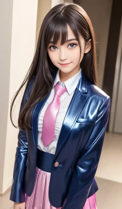 Angelic Very beautiful cute young girl, Beautiful detailed eyes, Detailed double eyelids, (Large eyes:1.3), Long straight brown hair, see-through bangs, beautiful detailed face and eyes, small straight nose,(14 yo:1.3),
smiling, BREAK (super shiny metallic...