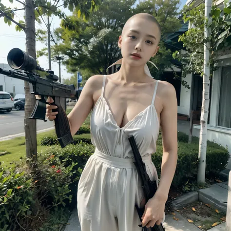 A beautiful nun、Lingerie except for the hood、Cowboy Shot、Big Breasts、(Skinhead:1.5)、(Aiming the Groza assault rifle at the viewer:1.67)