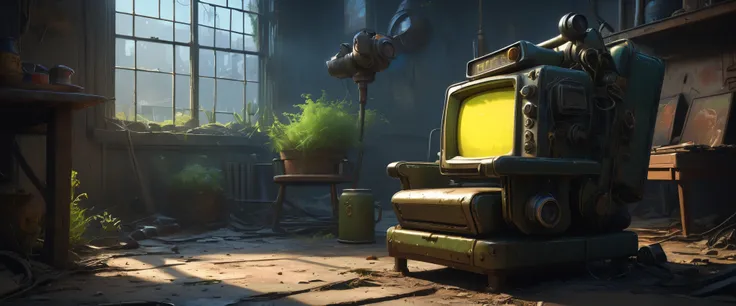 In the dystopian world of Fallout, amidst the ruins of a once thriving city, the iconic character Pip-Boy sits perched on a decaying chair., Modern Disney Style, Pixar Style, Digital art, glow effects, Hand drawn, render, 8k, Pixar renderman render, cinema...