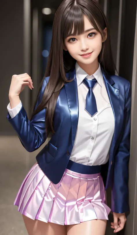 Angelic Very beautiful cute young girl, Beautiful detailed eyes, Detailed double eyelids, (Large eyes:1.3), Long straight brown hair, see-through bangs, beautiful detailed face and eyes, small straight nose,(14 yo:1.3),
smiling, BREAK (super shiny metallic...