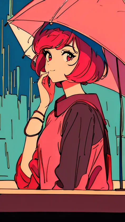 master piece, City Pop style, Pink Hair, fluffy bob cut, wearing headphones, shoulder length, alone, Futuristic, yet, lofi, retro, vintage, Ghost, light smile, 
drinking cocktails at a jazz bar, (( wide shot)), ((rainy day))